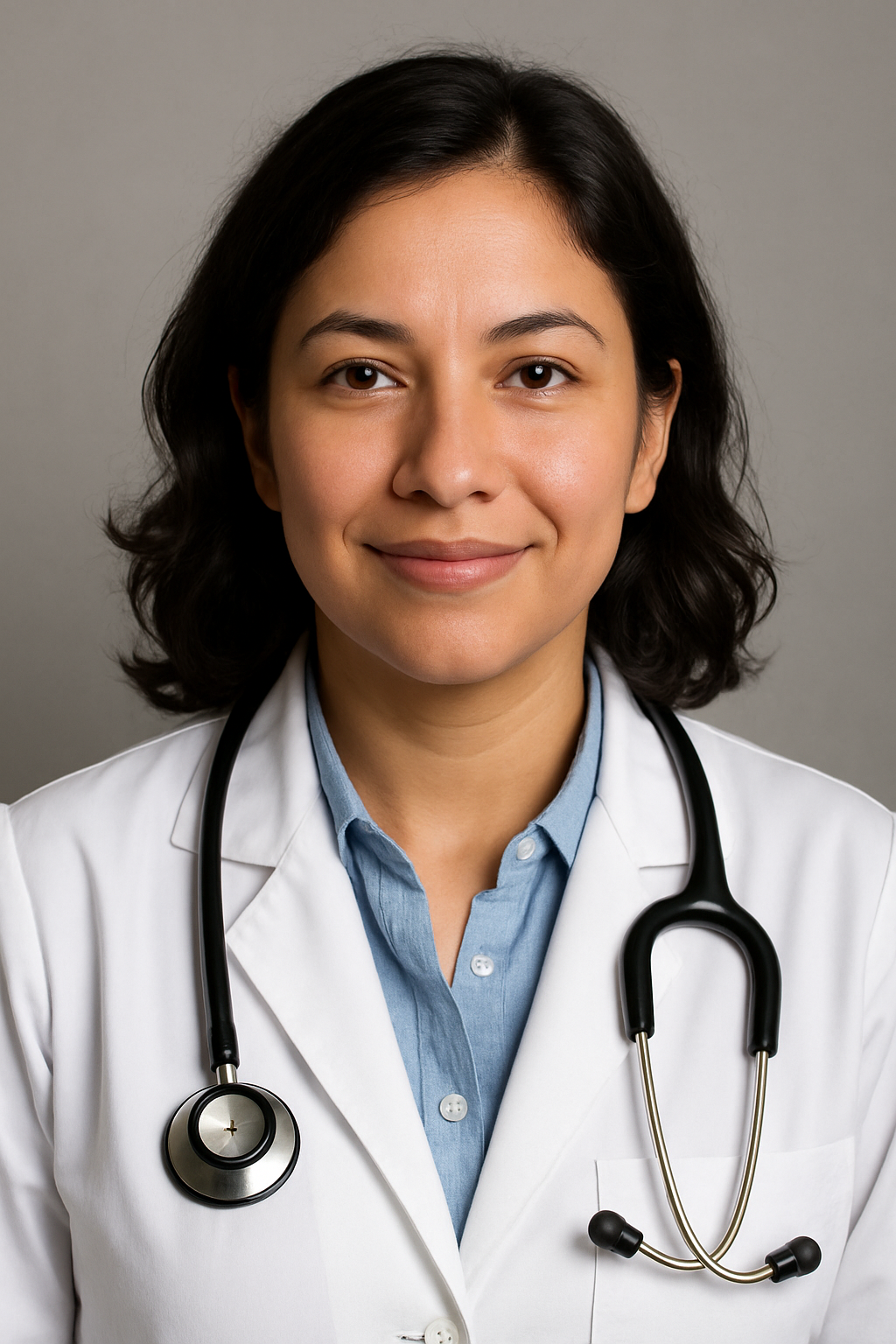 Professional female neurologist in a white medical coat with stethoscope, smiling warmly against a studio background