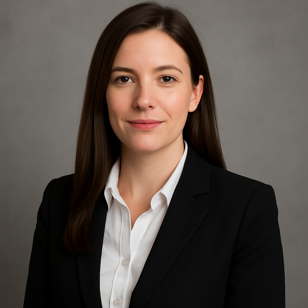 Professional female attorney in business attire, posing against a neutral studio background